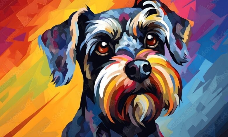 A closeup colorful digital painting of a Miniature schnauzer dog - Generative AI