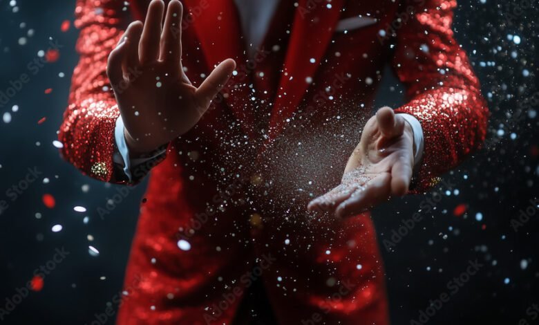 A magician performing a disappearing magic trick - open hands, red suit jacket with confetti and sparkles in the air - black background