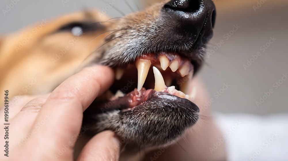 Close-up View of Canine Dental Health Check with Exposed Teeth and Gums, Showing Care for Pet's Oral Hygiene and Well-being at Home