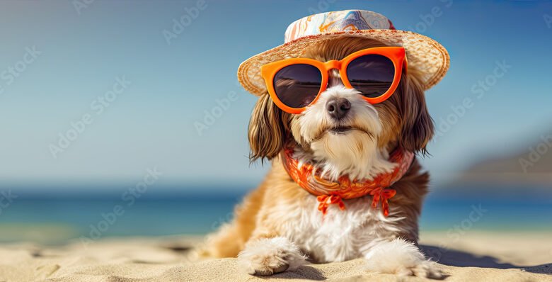 Cool dog with sunglasses and hat on the beach. copy space for text