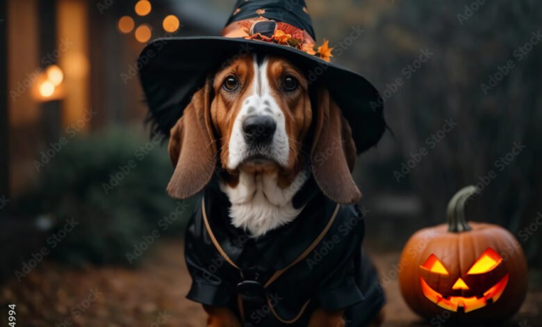 Cute beagle dog wearing halloween costume outdoors with festive halloween decoration, enchanted Background, Halloween Card Party, Trick or Treat, jack-o'-lanterns, Spooky Autumn Night Scene