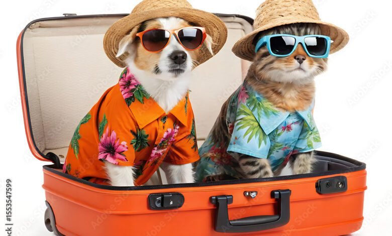 Dog and cat in suitcase wearing sunglasses and hawaiian shirts ready for summer vacation travel