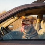 Happy ginger red mix breed dog smiling with his tongue hanging out, looking out of family car window. Sunset time summer wallpaper. Grunge solar bright effect. Copy space background.