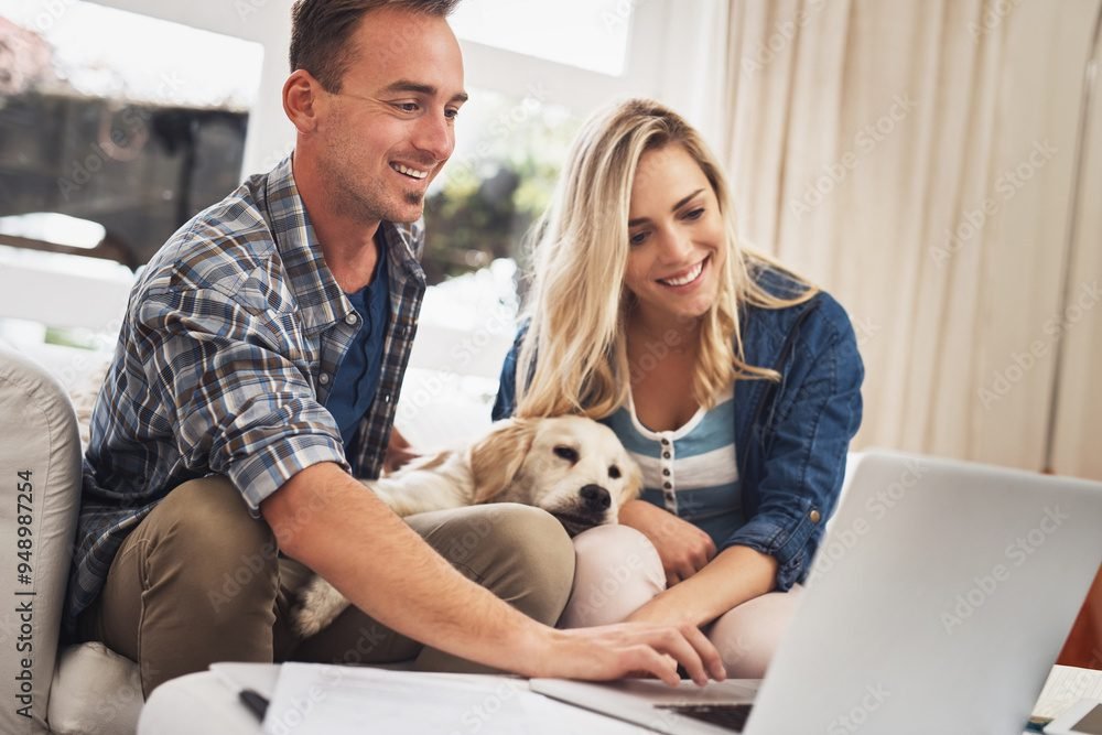 House, dog and couple with laptop, reading or planning for pet insurance, petting and bonding in living room. Home, people and smile for vet benefits, woman or man with protection of cover for animal