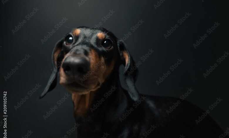 Portrait of a cute dachshund dog of black color in front of a dark background.