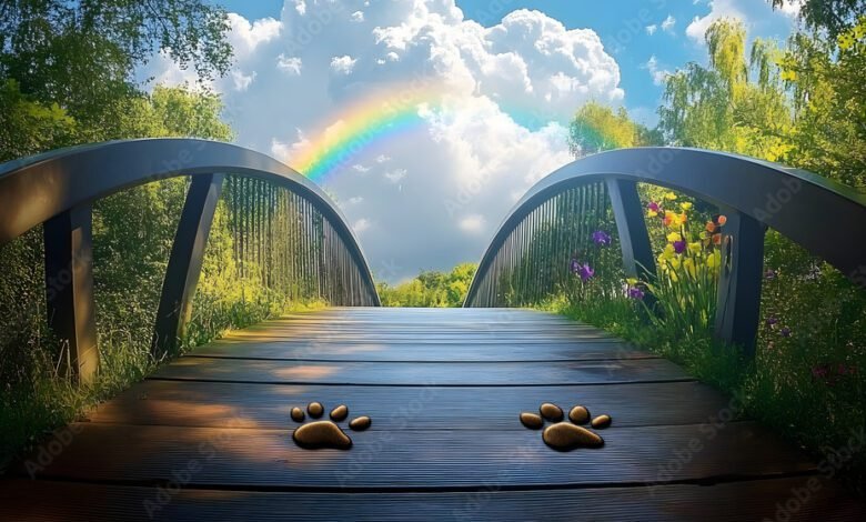 Rainbow bridge leading to the sky with paw prints along the path. picture