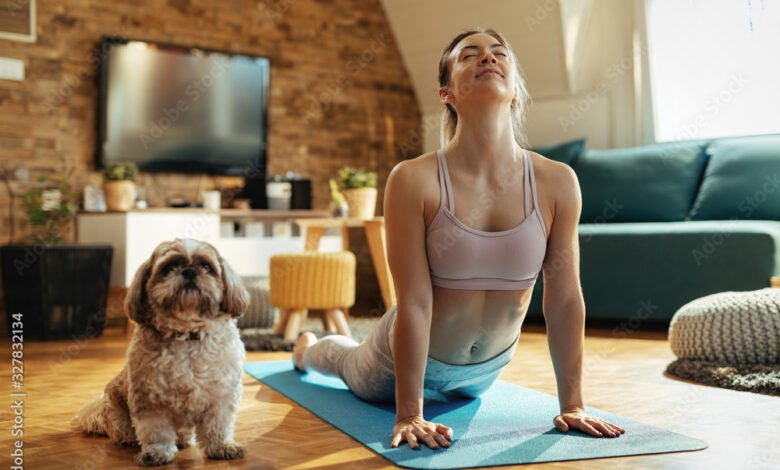 Relaxed woman with dog practicing Yoga in cobra pose at home.