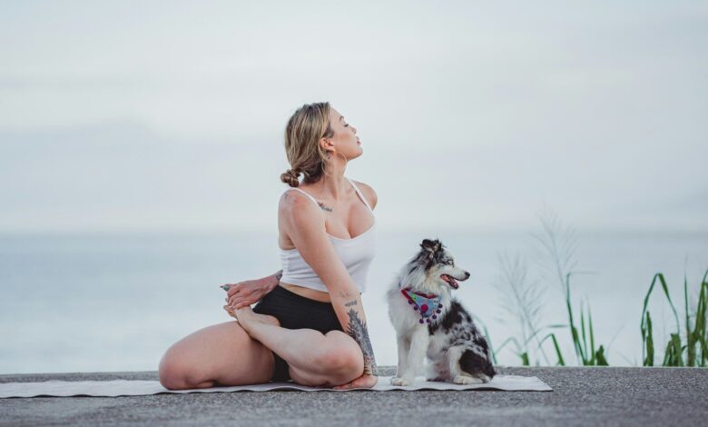 a woman sitting on a rock with a dog