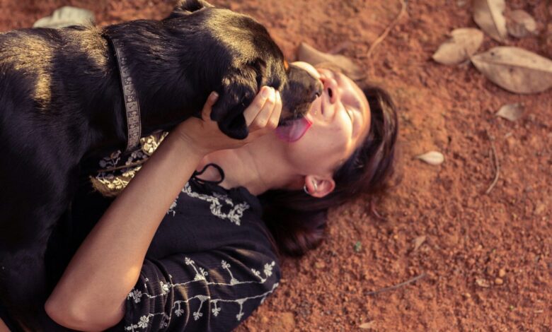 woman in black and white floral dress lying on brown ground with black and brown short dog licking