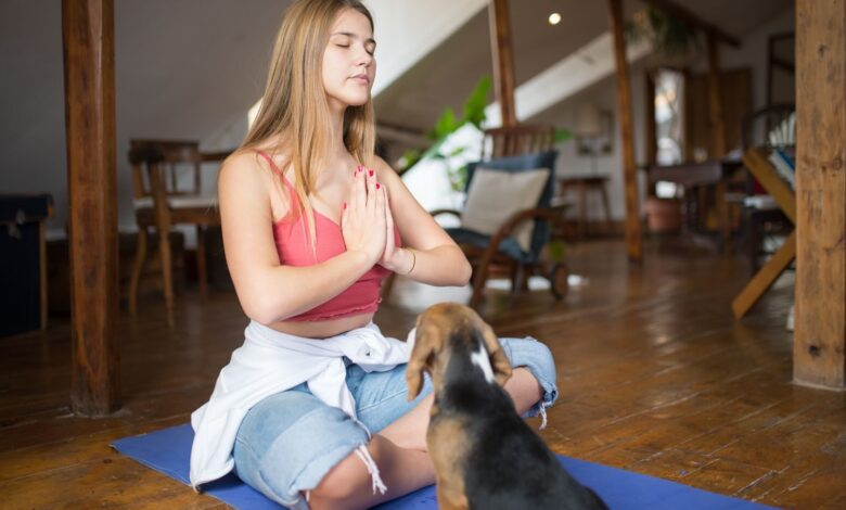 A young woman practicing yoga indoors with her dog in a serene environment, promoting mindfulness and relaxation.